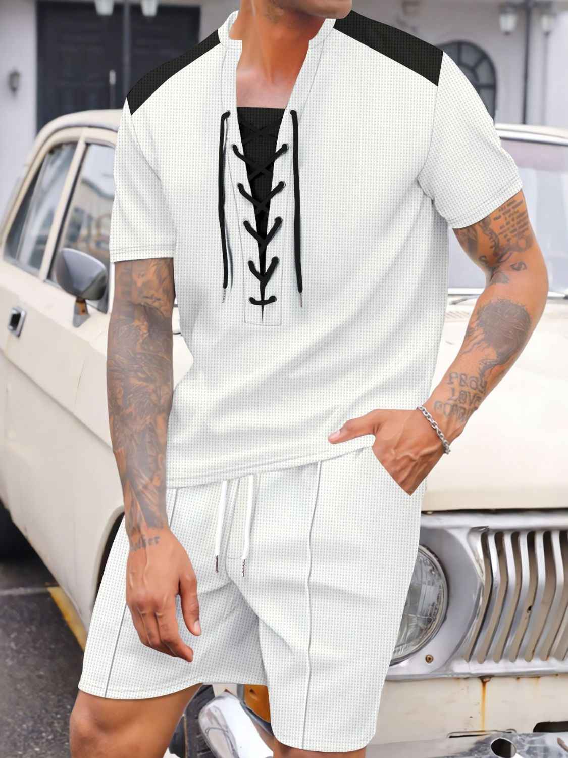 Men's Full Size Lace-Up Waffle Knit Top and Shorts Set Plus Size - Damned Threads